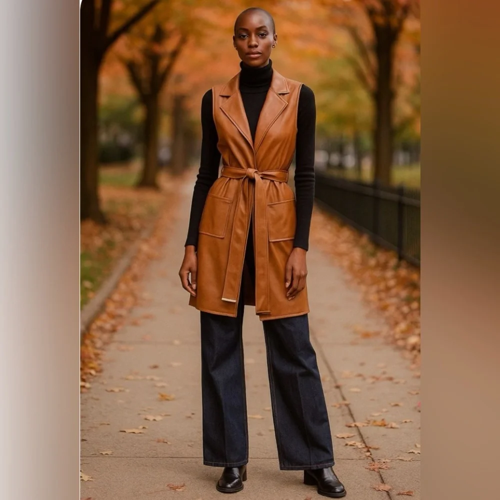Marc New York Vegan Faux Leather Sleeveless Duster Cardigan Womens Size XS Brown